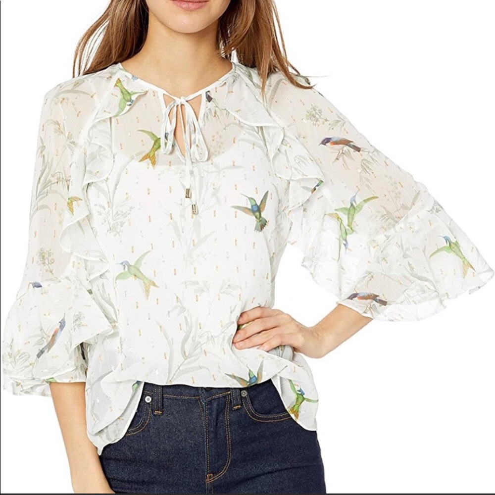 Ted Baker Sheer Hummingbird Print Ruffle Flutter Blouse Metallic Top Sz 0 US 2
